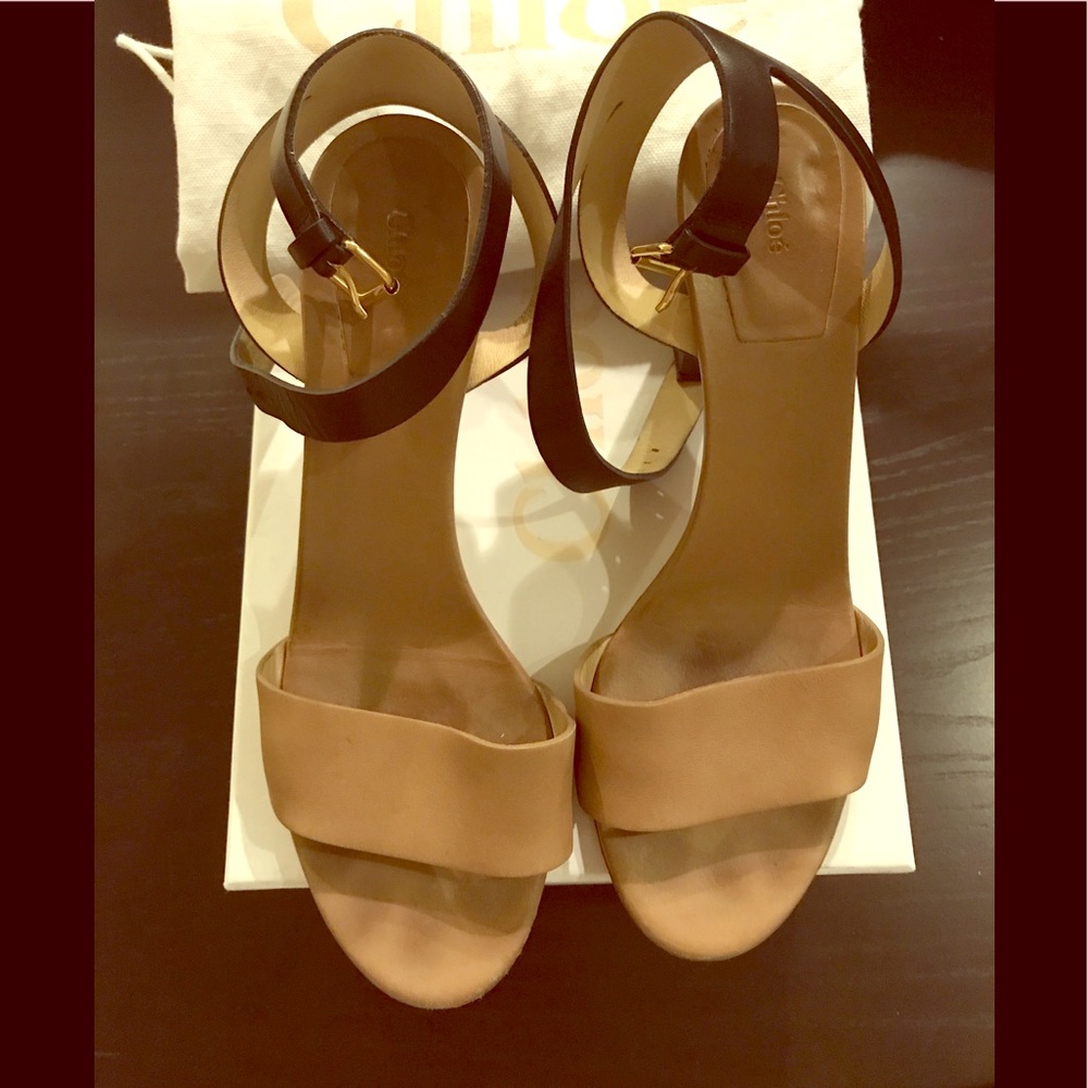 Chloe block heel two tone leather sandals